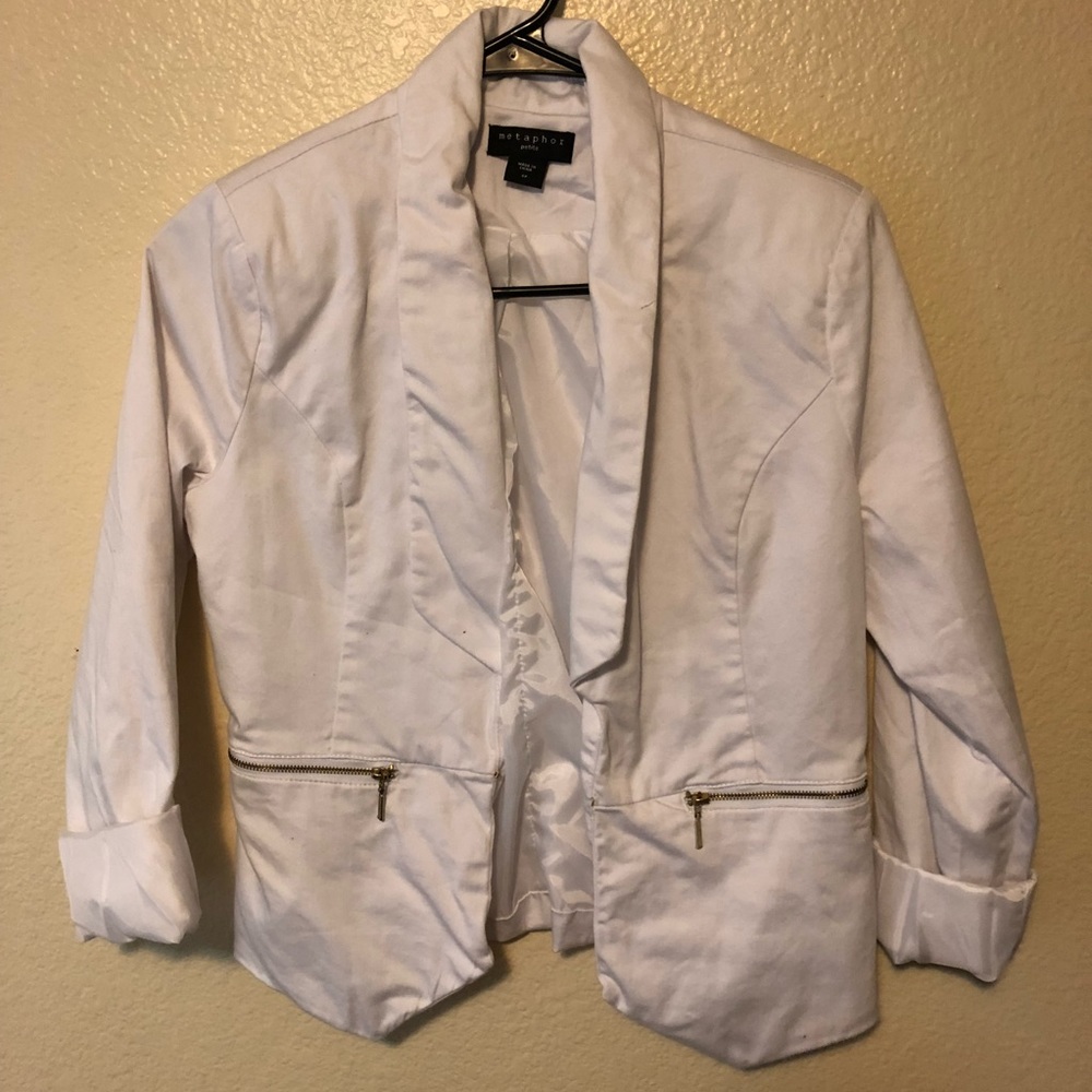 White blazer with gold accents